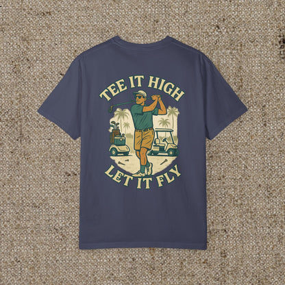 Tee It High Let It Fly Graphic Tee in a navy color, displaying a golfer with a vibrant design, suitable for golf and casual outings.