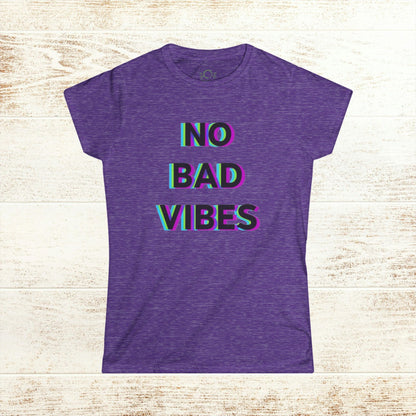 No Bad Vibes Tee in a heathered purple fabric with a bold, colorful text design, perfect for a cheerful, casual style.