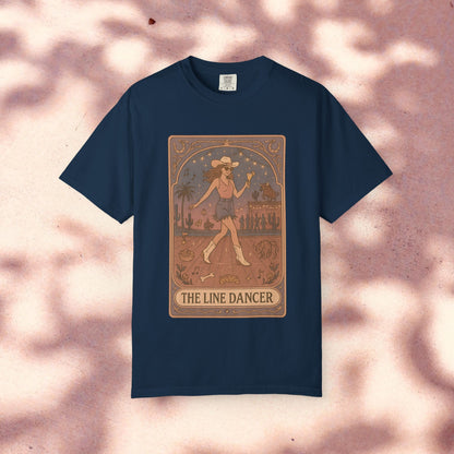 Line Dancer Tarot Tee in navy blue, presenting an eye-catching illustration of a dancer, made from soft, sustainable cotton and ethically produced. Available in sizes S-4XL.