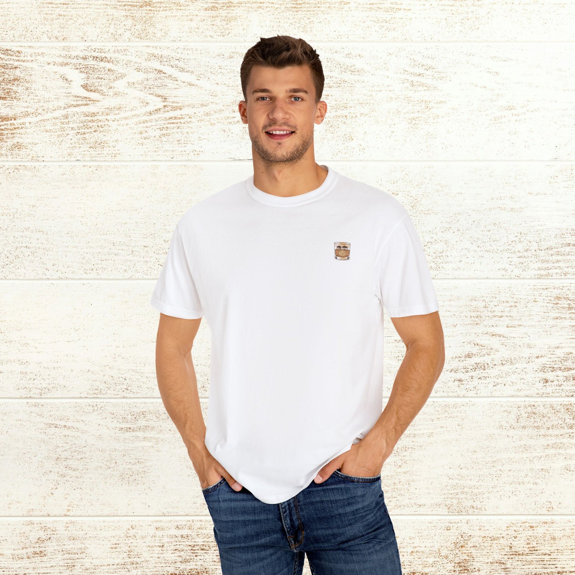 Model wearing the Rodeo On The Rocks Tee with a small drink graphic on the chest; perfect for casual outings, made from 100% US cotton.