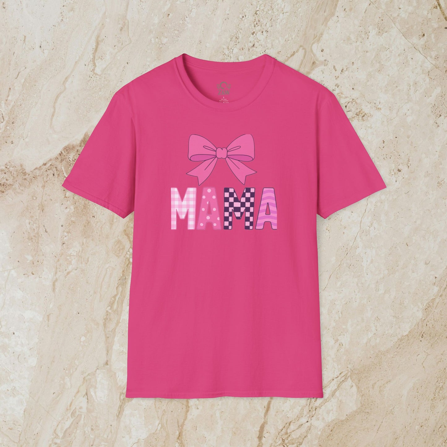 Bright pink Mama Bow Tee featuring a pink bow design, crafted from 100% seamless cotton with a long-lasting ribbed collar.