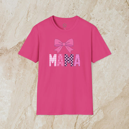 Bright pink Mama Bow Tee featuring a pink bow design, crafted from 100% seamless cotton with a long-lasting ribbed collar.