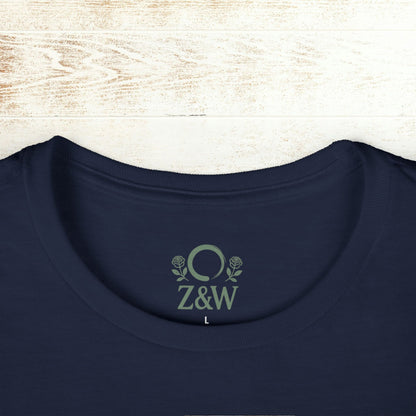 No Bad Vibes Tee - Close-up of the back neck tag design featuring Z&W logo on a navy blue soft ring-spun cotton fabric.