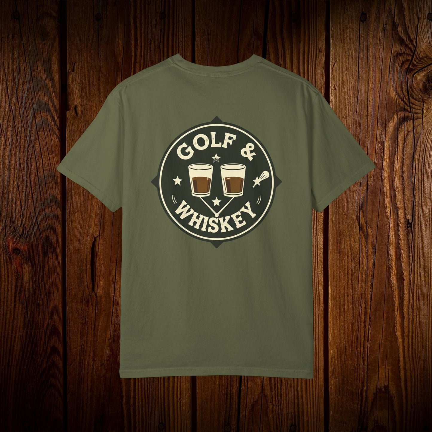 Men's Golf & Whiskey Tee featuring an artistic back design with golf and whiskey elements on an olive green shirt, ideal for embracing your love for both golf and whiskey.