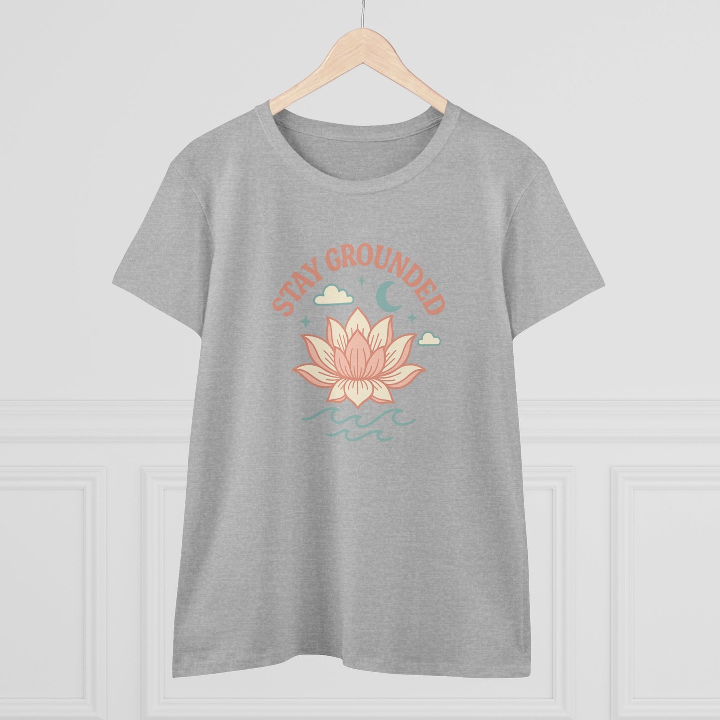 Stay Grounded Spiritual Tee featuring a serene lotus design, perfect for festivals, vacations, and casual outings.