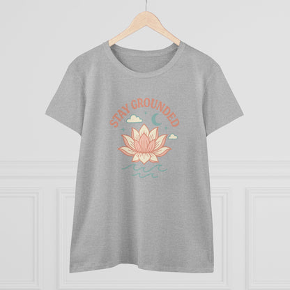 Stay Grounded Spiritual Tee featuring a serene lotus design, perfect for festivals, vacations, and casual outings.
