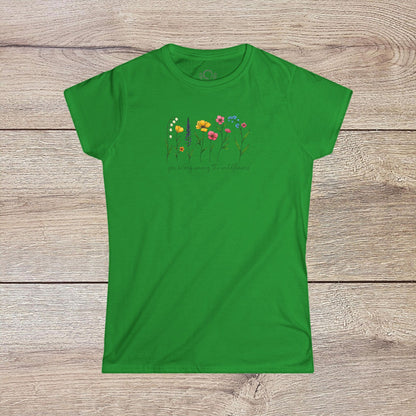 Wildflowers T-Shirt in vibrant green featuring colorful floral graphics that celebrate nature, designed with smooth fabric and a comfortable fit.