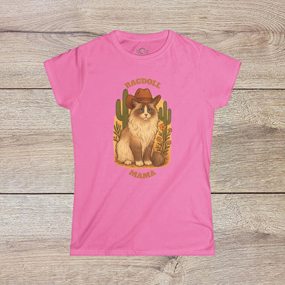 Ragdoll Mama T-Shirt in stylish pink, displaying an adorable Ragdoll cat illustration with a cowboy hat and cacti. Great pet-themed apparel for cat enthusiasts.