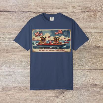Men's Golden Tee: Comfortable Cotton T-Shirt featuring a unique design with dogs and American flags, perfect for showcasing your patriotic spirit.