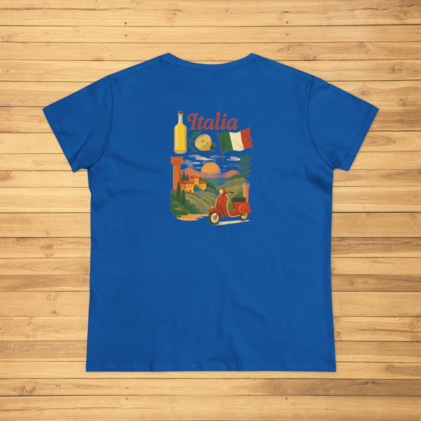 Back view of the Unisex Ultra Cotton Tee with Italian Heritage Design showcasing a colorful Italian scene with a Vespa, wine, and the Italian flag, ideal for casual adventures.