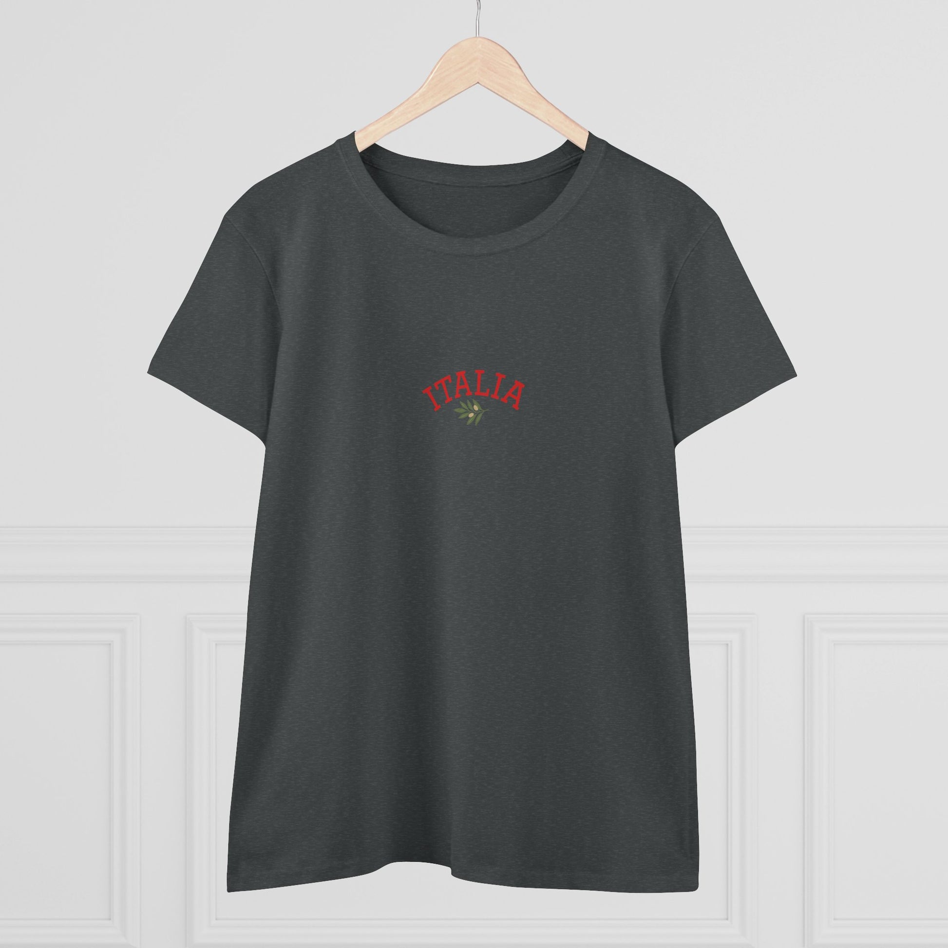 Front view of a Unisex Ultra Cotton Tee with Italian Heritage Design in charcoal gray, adorned with 'ITALIA' text for a trendy casual wear.