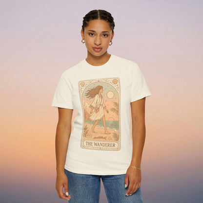 Wanderer Tarot Graphic Tee in cream shade, highlighting an enchanting wanderer illustration, crafted from ethically sourced 100% cotton, available in sizes S to 4XL, for a unique and comfortable look.