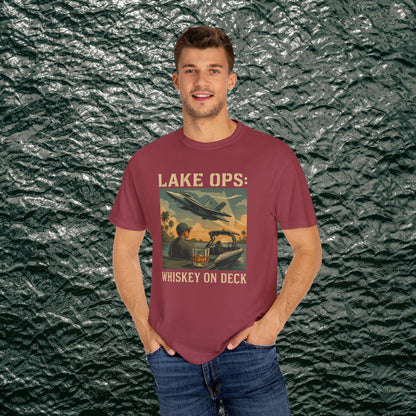 Garment-Dyed Comfort Tee For Adults in burgundy featuring a striking 'Lake Ops: Whiskey On Deck' illustration. Perfect for layering or summer wear.