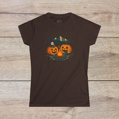 Fall Pumpkin Campfire T-Shirt featuring vintage-style artwork with Halloween pumpkins and a campfire, available in 100% cotton, perfect for Halloween events.
