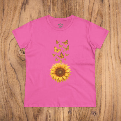 Sunflower & Butterflies Cotton Tee for Women - Bright pink cotton tee featuring a sunflower and butterflies motif, combining comfort and style for everyday wear.