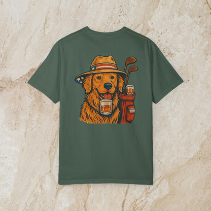 Golden Whiskey Dog Tee - Unique Vintage Style, displaying a golden retriever with a whiskey pocket on a green tee, ideal for dog lovers.