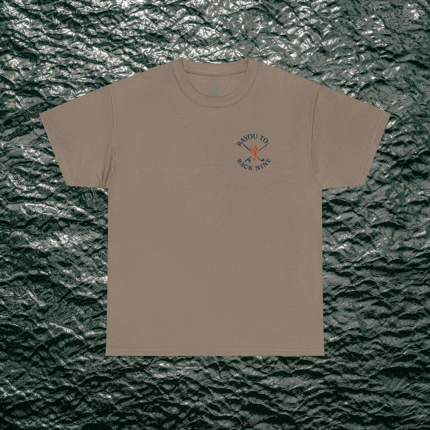 Bayou To Back Nine Softstyle Golf Tee in earthy tan color, showcasing a stylish design, ideal for easygoing fashion and leisure activities.