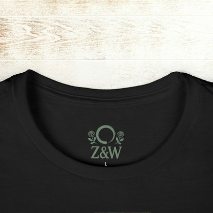Close-up of the neck label on the No Bad Vibes Tee, indicating the brand logo Z&W, highlighting quality and sustainable fashion.