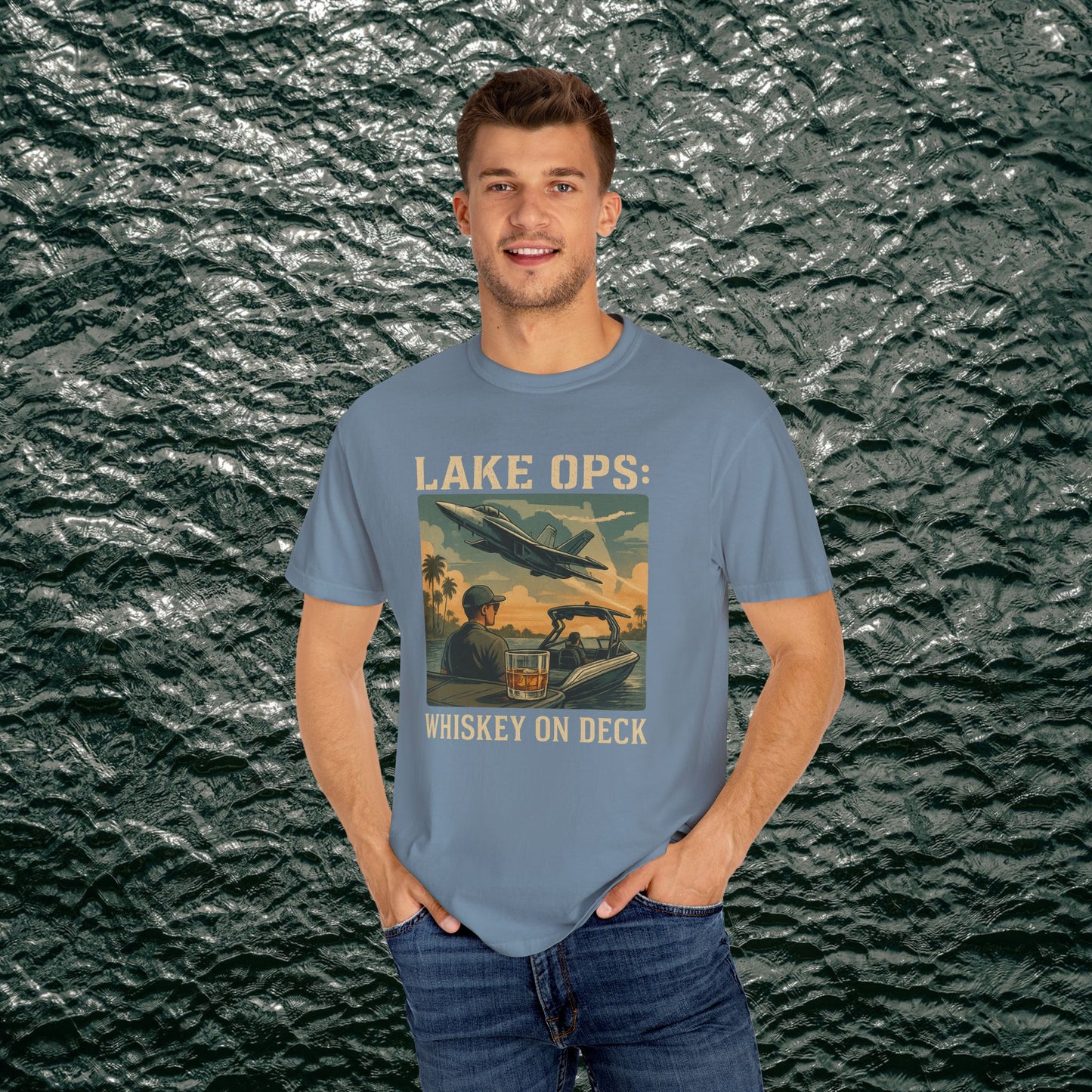 Garment-Dyed Comfort Tee for Adults featuring Lake Ops Whiskey on Deck design in blue, made from 100% ring-spun cotton. Available in sizes S-4XL, perfect for casual or semi-formal outings.