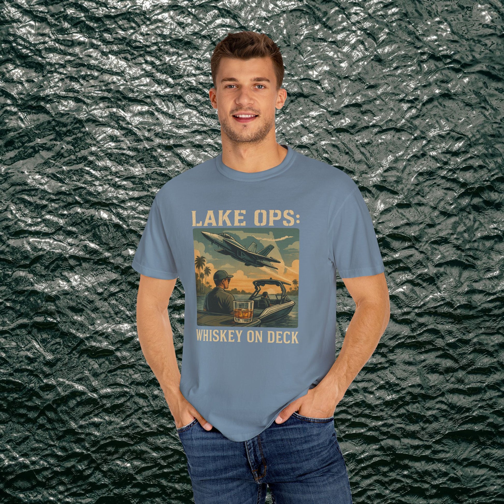 Garment-Dyed Comfort Tee for Adults featuring Lake Ops Whiskey on Deck design in blue, made from 100% ring-spun cotton. Available in sizes S-4XL, perfect for casual or semi-formal outings.