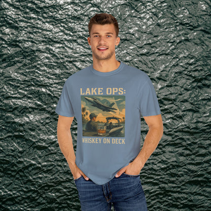 Garment-Dyed Comfort Tee for Adults featuring Lake Ops Whiskey on Deck design in blue, made from 100% ring-spun cotton. Available in sizes S-4XL, perfect for casual or semi-formal outings.