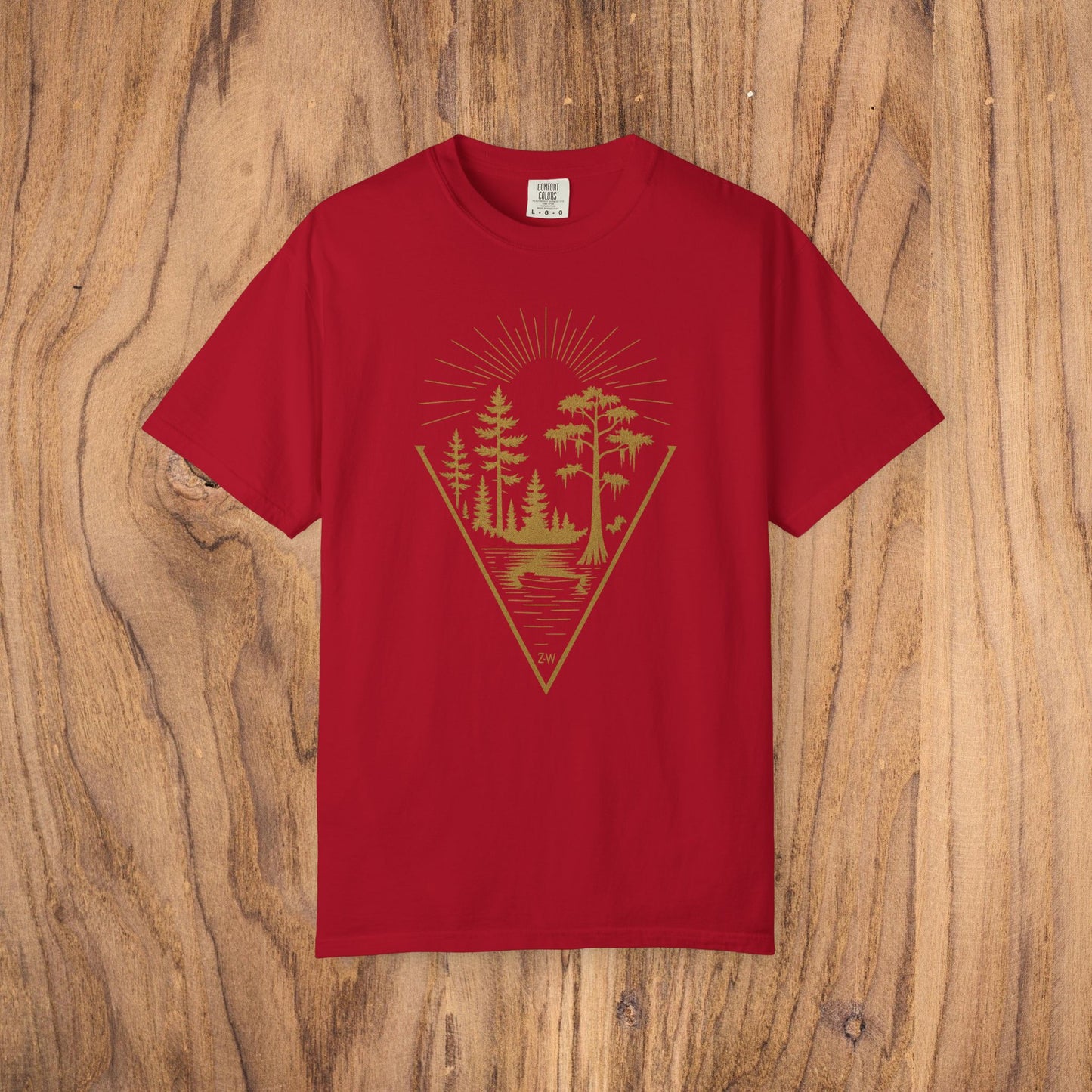 Nature Outdoor Vibes Tee in vibrant red featuring a unique forest design, made from soft 100% US cotton for seamless comfort, available in sizes S-4XL.
