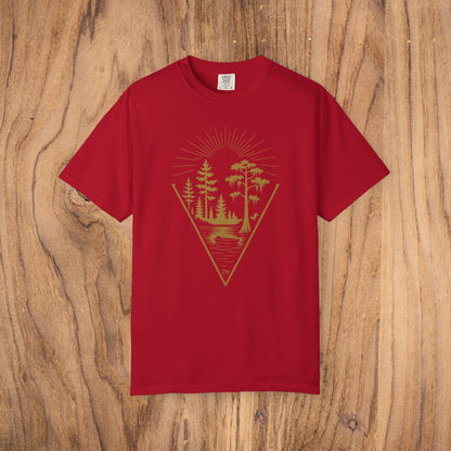 Nature Outdoor Vibes Tee in vibrant red featuring a unique forest design, made from soft 100% US cotton for seamless comfort, available in sizes S-4XL.