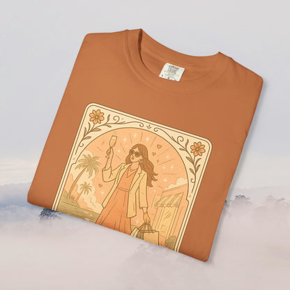 Brunch Babe Tarot Graphic Tee in earthy orange, showcasing a fashionable woman with a drink, ideal for relaxed style, crafted from 100% cotton.