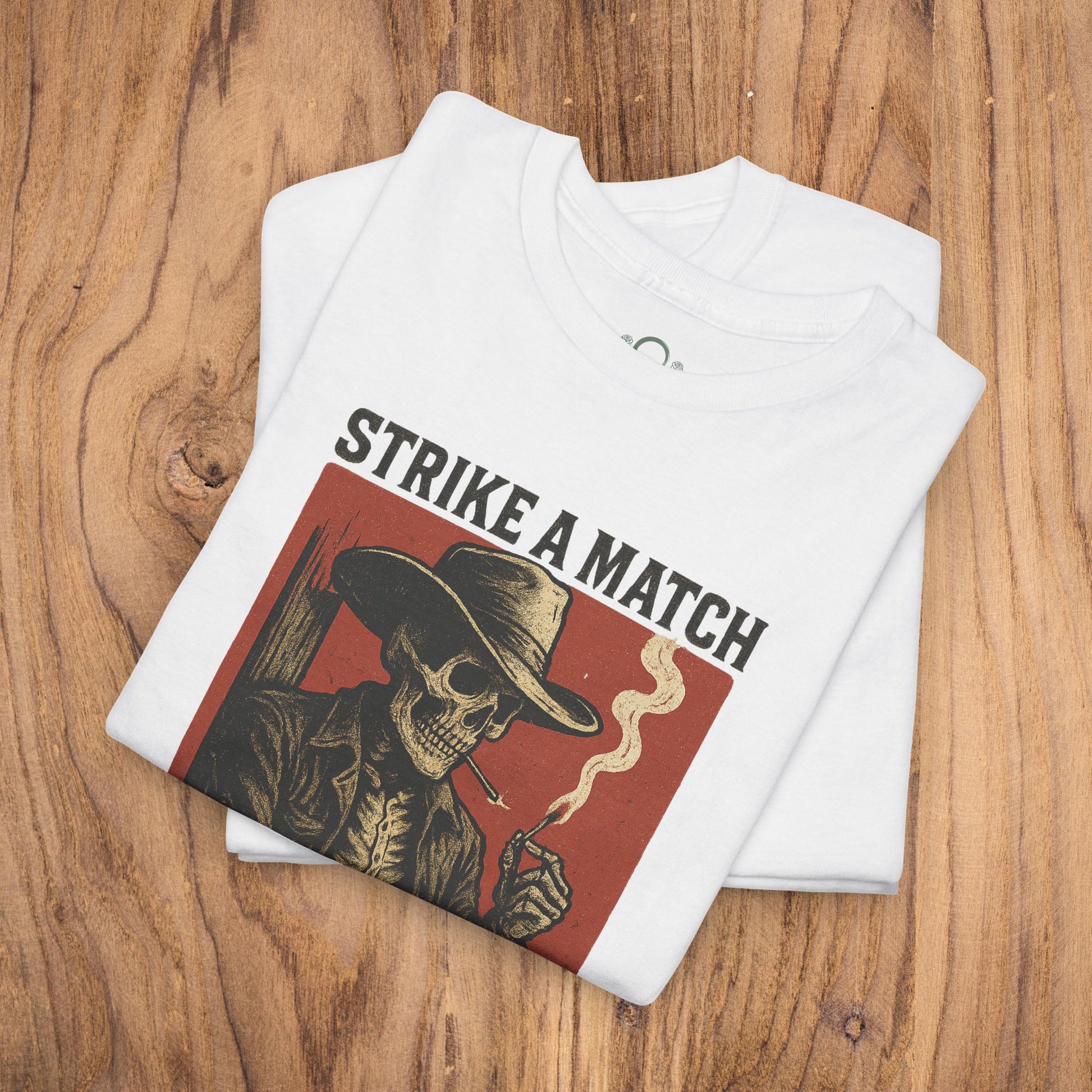 Bangtown Outlaws Retro Casual Party Shirt in white featuring a striking skull graphic with the words 'STRIKE A MATCH', perfect for stylish gifting and fun events.