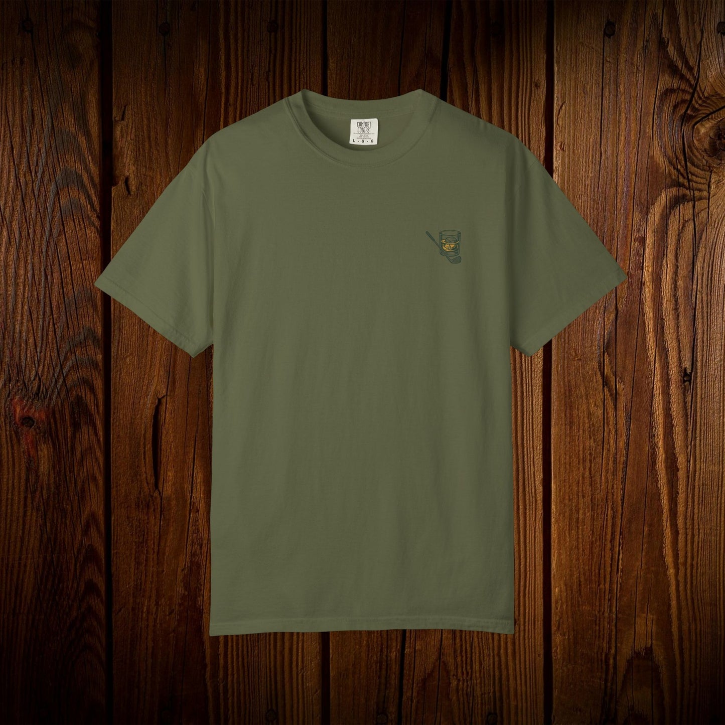 Men's Golf & Whiskey Tee in olive green color, made of soft cotton, featuring a distinctive eco-friendly design for a stylish casual look.