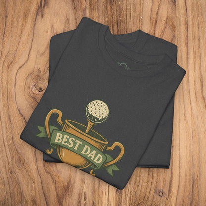 Best Dad Trophy T-Shirt in charcoal gray showcasing a bold golf trophy design, crafted for lasting comfort from soft cotton.