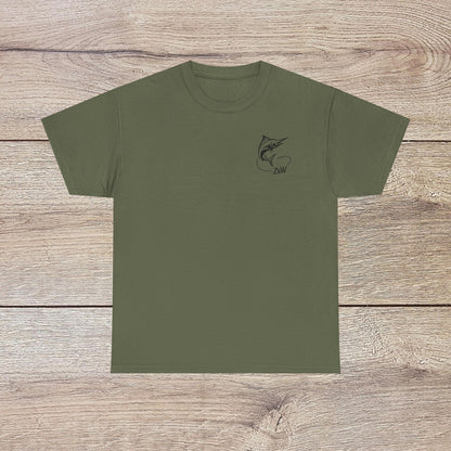 Fishing Adventure Tee in olive green featuring a unique fish design, perfect for nature lovers and outdoor enthusiasts, showcasing a relaxed fit for ultimate comfort.