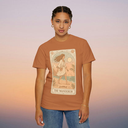 Wanderer Tarot Graphic Tee in burnt orange color, showcasing unique design and comfort, ethically made with 100% cotton.