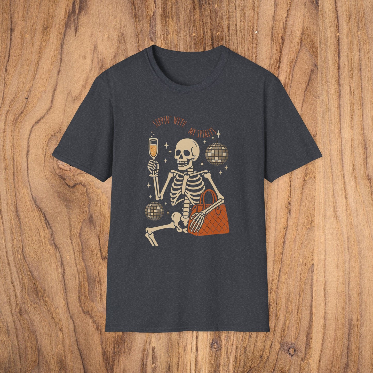 Spooky Spirits Graphic Tee in dark gray featuring a relaxed skeleton enjoying a beverage, a must-have for Halloween fun.