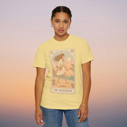 Wanderer Tarot Graphic Tee in soft yellow, featuring a beautiful illustration of The Wanderer. Ethically made from 100% cotton, available in sizes S to 4XL, offering unique style and comfort.