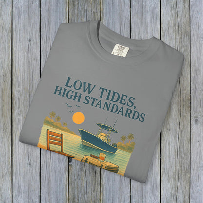 Garment-Dyed Low Tides High Standards T-Shirt in gray featuring a serene boat scene and sunset, designed for comfort and casual elegance.