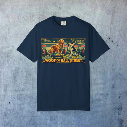 Sleek Woof of Ball Street T-Shirt in navy color, boasting a charming illustration of a dog, crafted from 100% cotton for the ultimate comfort experience.