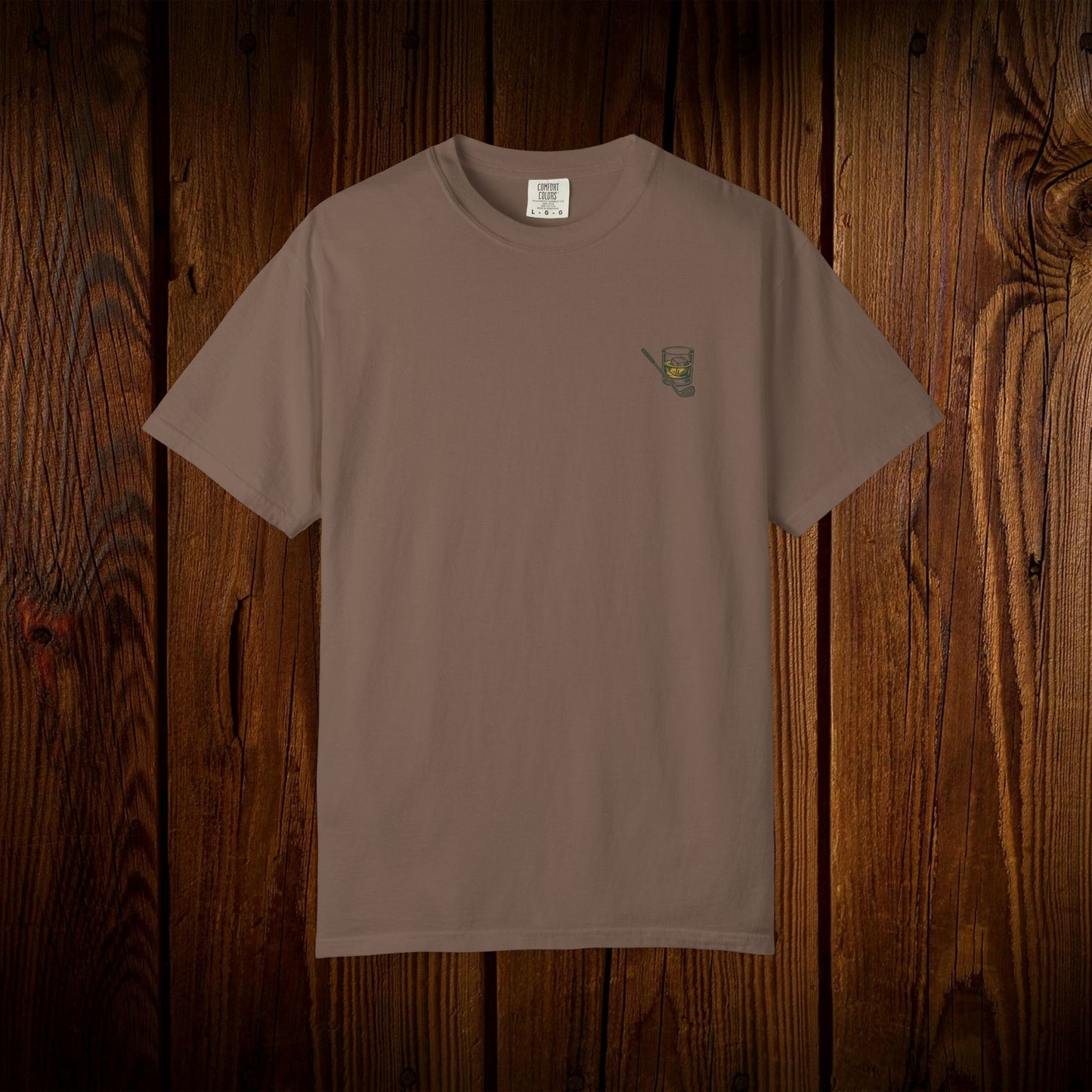 Men's Golf & Whiskey Tee in natural brown color, crafted from soft cotton with a unique eco-friendly design, ideal for golfing enthusiasts.