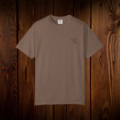 Men's Golf & Whiskey Tee in natural brown color, crafted from soft cotton with a unique eco-friendly design, ideal for golfing enthusiasts.