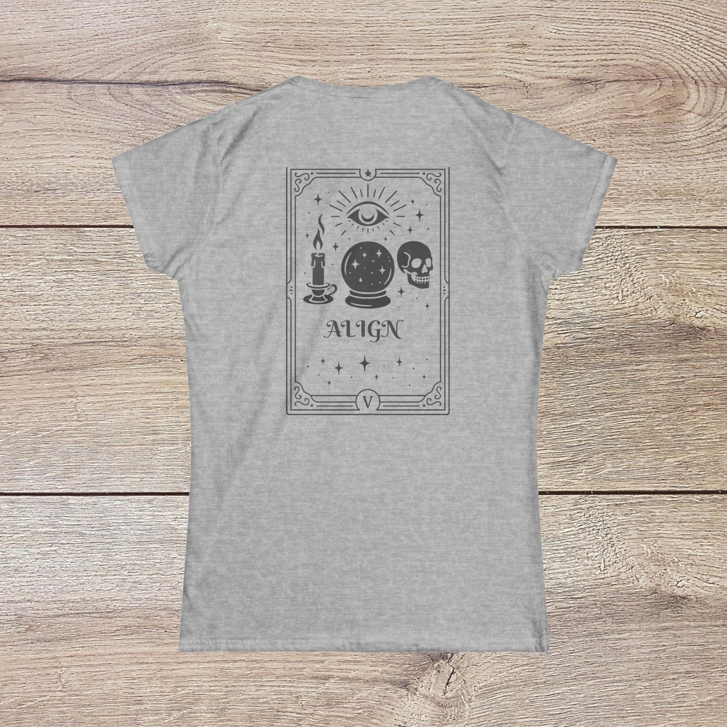 Eco-Friendly Align Tee featuring a unique back design with mystical symbols and the word 'ALIGN', perfect for personalized style.