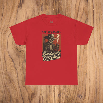 Bangtown Outlaws Retro Casual Party Shirt in bold red color featuring a retro-inspired graphic of a skeleton holding a cigarette with the phrase 'Strike a Match'. This unisex cotton tee is perfect for stylish gifting and casual parties.