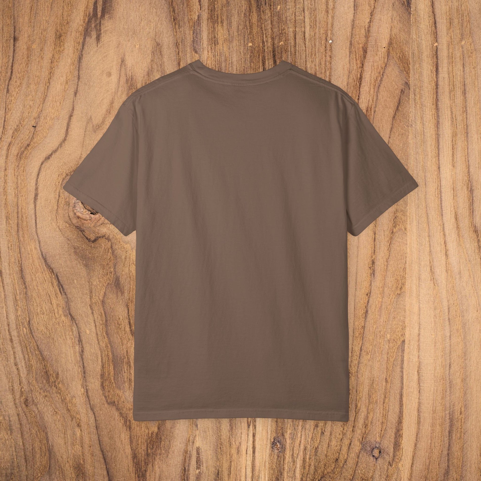 Back view of the Sunset Trees Unisex T-Shirt in brown, highlighting the soft 100% cotton fabric and garment-dyed quality.