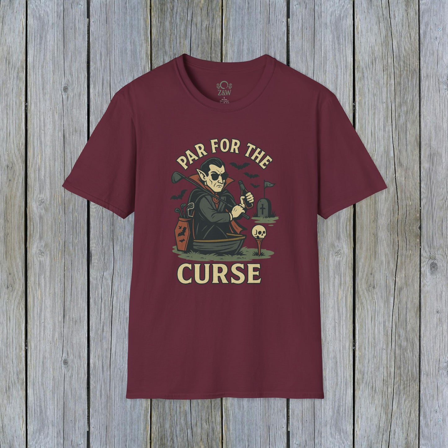 Maroon Funny Halloween Unisex T-Shirt displaying 'Par For The Curse' theme, great for Halloween festivities.