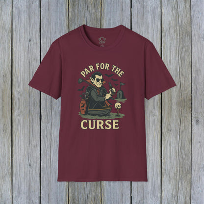 Maroon Funny Halloween Unisex T-Shirt displaying 'Par For The Curse' theme, great for Halloween festivities.