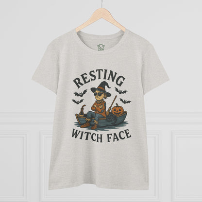 Front view of the light gray 'Resting Witch Face Halloween T-Shirt for Women, Unisex Funny Cotton Tee for Parties and Gifts' with a whimsical witch graphic, set against a stylish background.