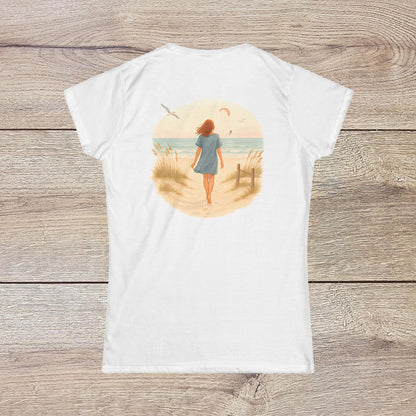 Back view of Women's Coastal Spirit Midweight Cotton Tee in white - Soft, breathable, semi-fitted beachwear with a serene ocean print, perfect for beach lovers.