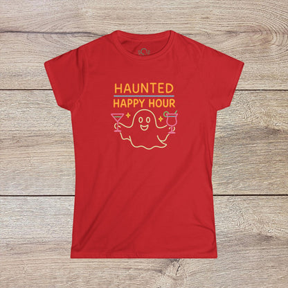 Red Haunted Happy Hour T-Shirt displaying a cute ghost graphic and drinks, perfect for eco-conscious individuals embracing Halloween spirit.