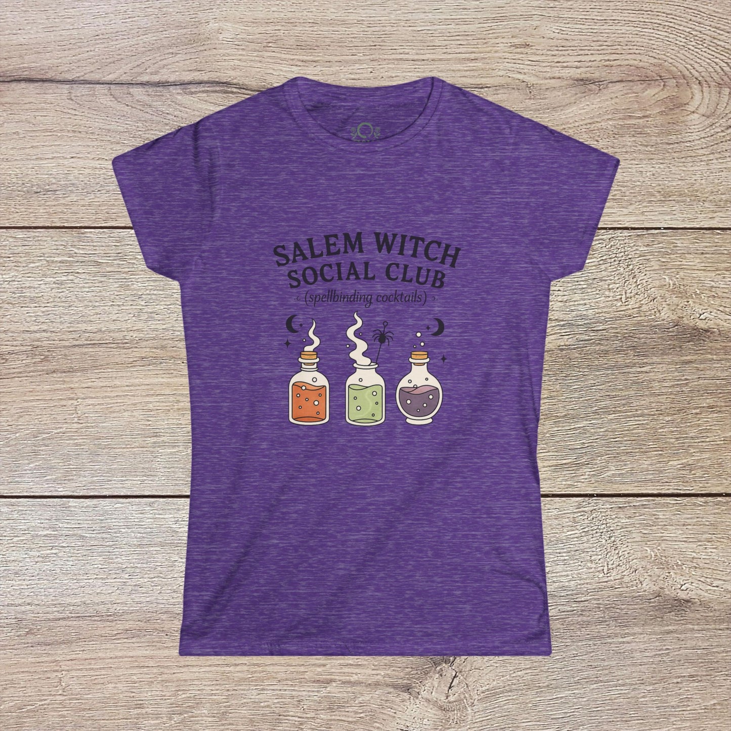 Salem Witch Social Club Graphic Tee in purple displaying enchanting potion bottles, made with durable 100% ring-spun cotton for a soft feel.