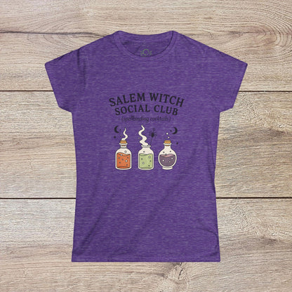 Salem Witch Social Club Graphic Tee in purple displaying enchanting potion bottles, made with durable 100% ring-spun cotton for a soft feel.