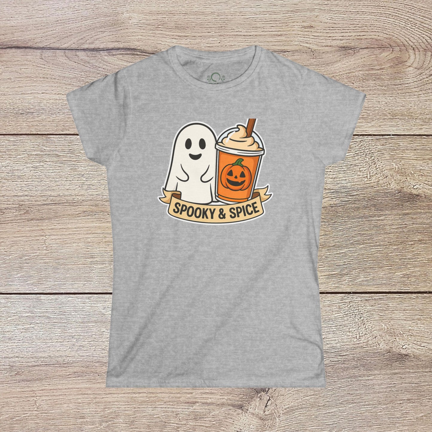 Spooky And Spice Ghost Graphic Tee in heather gray, featuring a charming ghost and Halloween-themed drink illustration, great for everyday style.